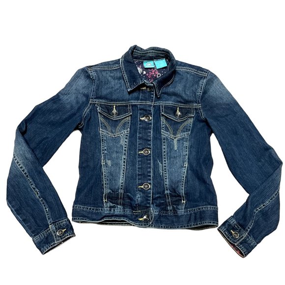 VTG HANG TEN DENIM TRUCKER JACKET SZ S BLUE CROPPED FACTORY DISTESSED WOMENS - Picture 1 of 5